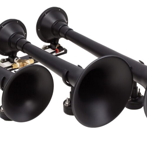 ~(10 lbs. 22X20X8)~ The Demon Black triple train horn with detachable black steel trumpets